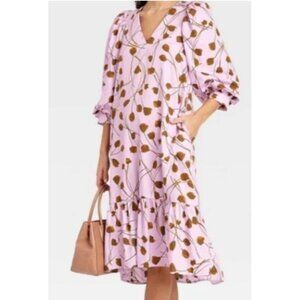 A New Day Light Purple Hi-Low Ruffle Hem Puff Sleeve Dress Pockets‎ Sz S Boho